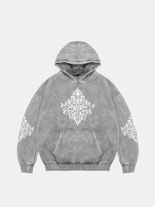 Etnik Baskılı Oversize Unisex Premium Yıkamalı Beyaz Hoodie