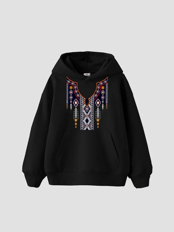 Etnik Desen Baskılı Oversize Unisex Siyah Hoodie