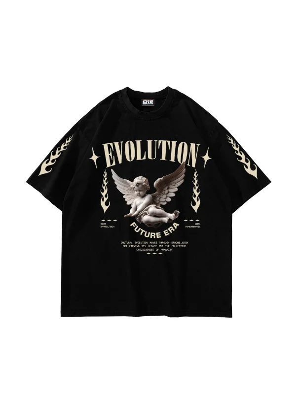 Evolution Angel V2 Baskılı 24/1 Oversize Unisex Siyah Tshirt