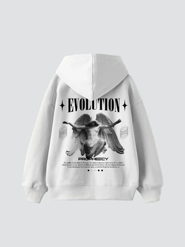 Evolution Baskılı Oversize Unisex Kapüşonlu Beyaz Hoodie