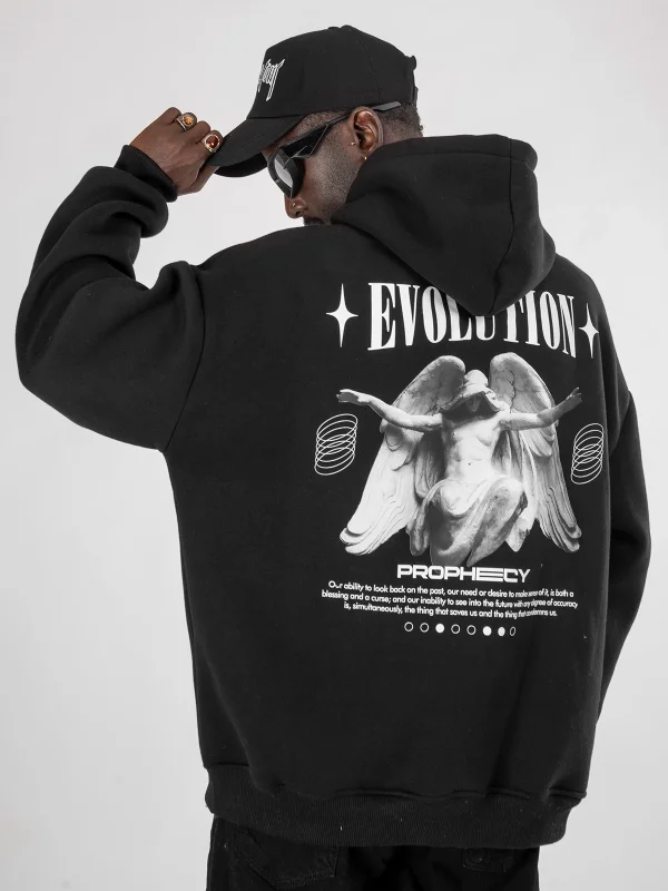 Evolution Baskılı Oversize Unisex Kapüşonlu Siyah Hoodie