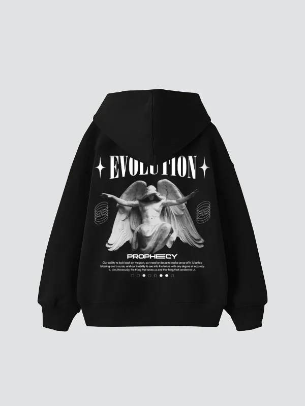 Evolution Baskılı Oversize Unisex Kapüşonlu Siyah Hoodie