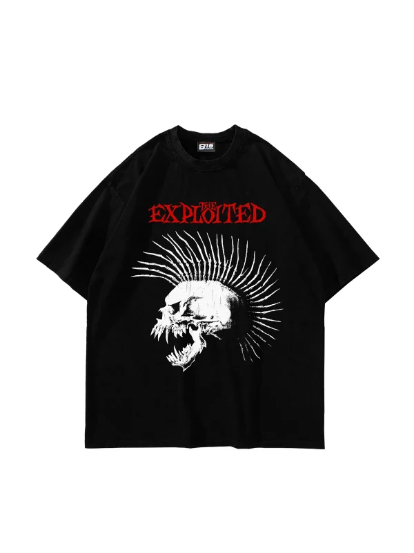 Exploited Punk Skull Baskılı Siyah Oversize Tshirt