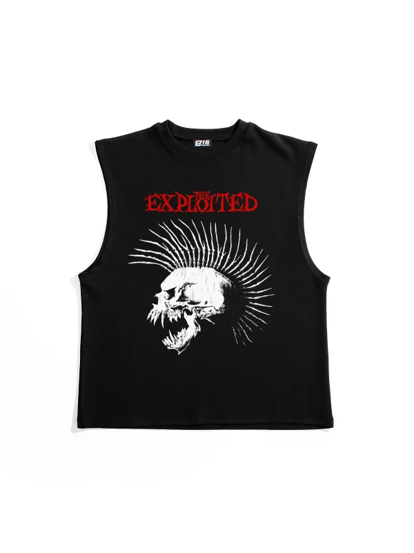 Exploited Punk Skull Baskılı Siyah Sıfır Kol Tshirt