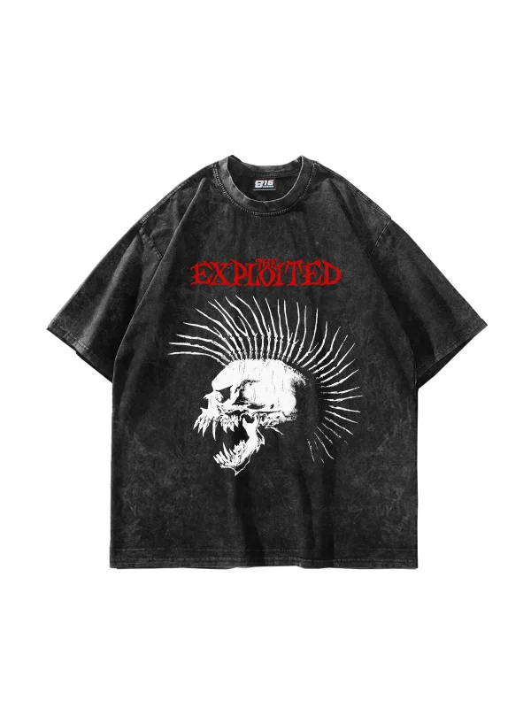 Exploited Punk Skull Baskılı Yıkamalı Siyah Oversize Tshirt
