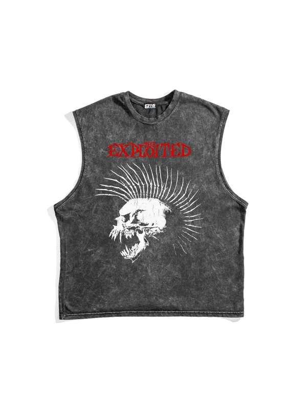 Exploited Punk Skull Baskılı Yıkamalı Siyah Sıfır Kol Tshirt