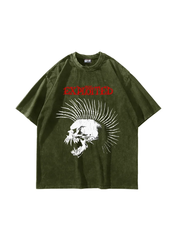 Exploited Punk Skull Baskılı Yıkamalı Yeşil Oversize Tshirt