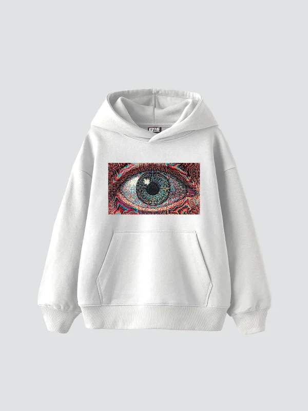Eye Hallucination Baskılı Oversize Unisex Beyaz Hoodie