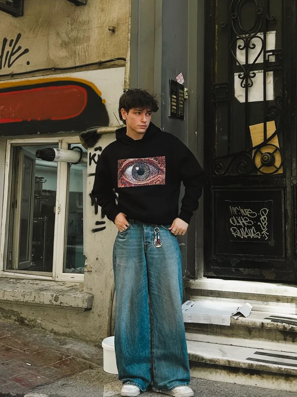 Eye Hallucination Baskılı Oversize Unisex Siyah Hoodie