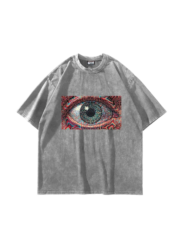 Eye Hallucination Baskılı Oversize Unisex Yıkamalı Beyaz Tshirt