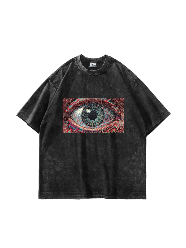 Eye Hallucination Baskılı Oversize Unisex Yıkamalı Siyah Tshirt