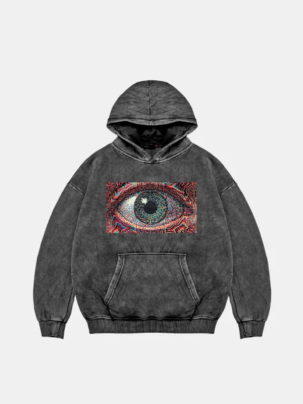 Eye Hallucination Oversize Unisex Yıkamalı Siyah Hoodie