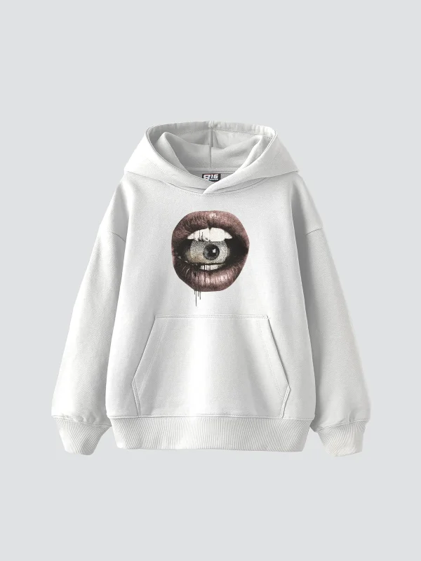 Eye In Mouth Baskılı Oversize Unisex Premium Beyaz Hoodie