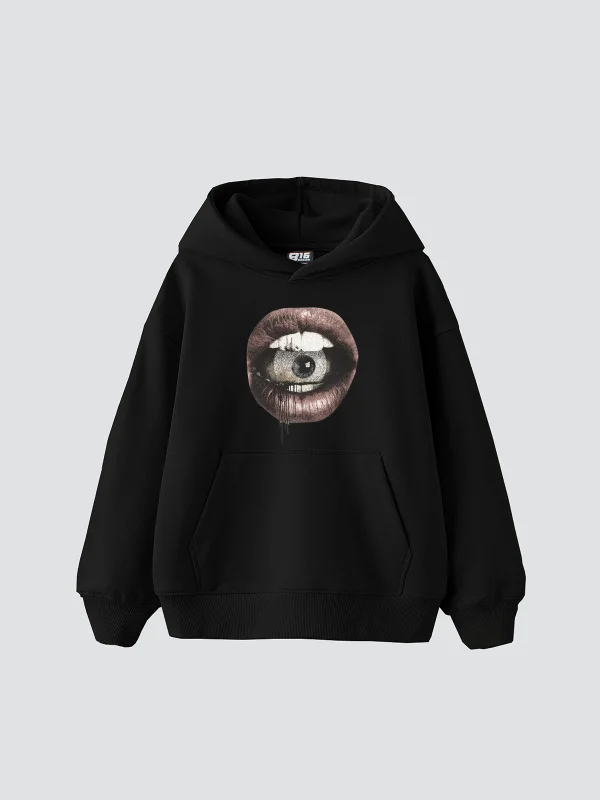 Eye In Mouth Baskılı Oversize Unisex Premium Siyah Hoodie