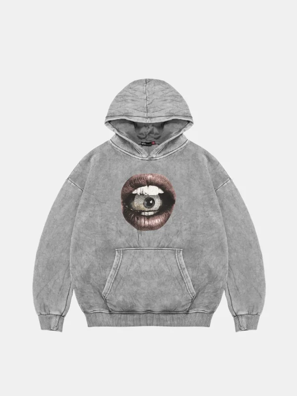 Eye In Mouth Baskılı Oversize Unisex Premium Yıkamalı Beyaz Hoodie