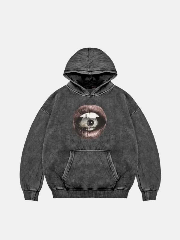 Eye In Mouth Baskılı Oversize Unisex Premium Yıkamalı Siyah Hoodie