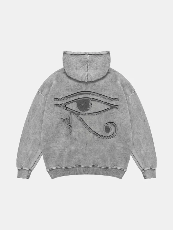 Eye Of Horus Baskılı Oversize Unisex Yıkamalı Beyaz Hoodie