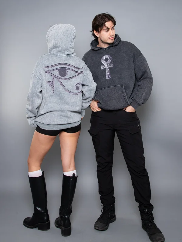 Eye Of Horus Baskılı Oversize Unisex Yıkamalı Beyaz Hoodie