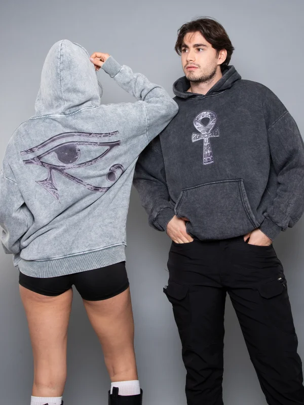 Eye Of Horus Baskılı Oversize Unisex Yıkamalı Siyah Hoodie