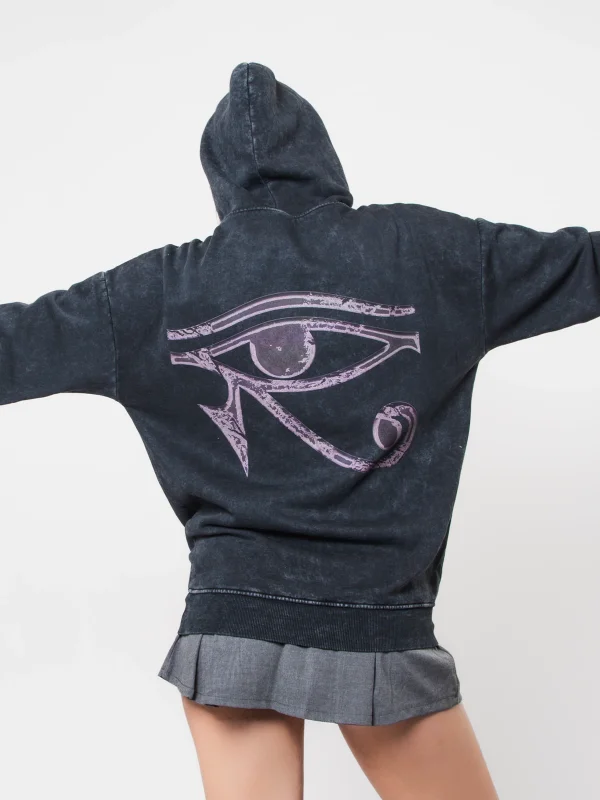 Eye Of Horus Baskılı Oversize Unisex Yıkamalı Siyah Hoodie