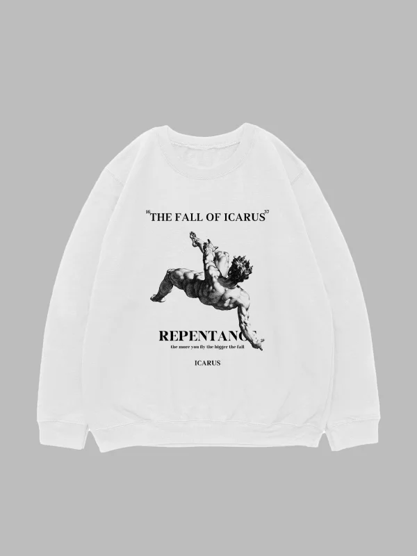 Fall Of Icarus Baskılı Beyaz Oversize Unisex Sweatshirt