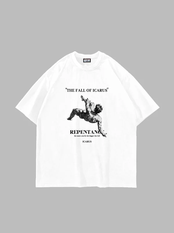 Fall Of Icarus Baskılı Oversize Unisex Beyaz Tshirt