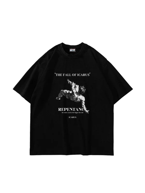 Fall Of Icarus Baskılı Oversize Unisex Siyah Tshirt