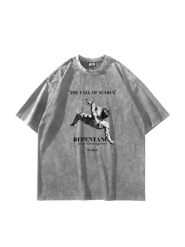 Fall Of Icarus Baskılı Oversize Unisex Yıkamalı Beyaz Tshirt