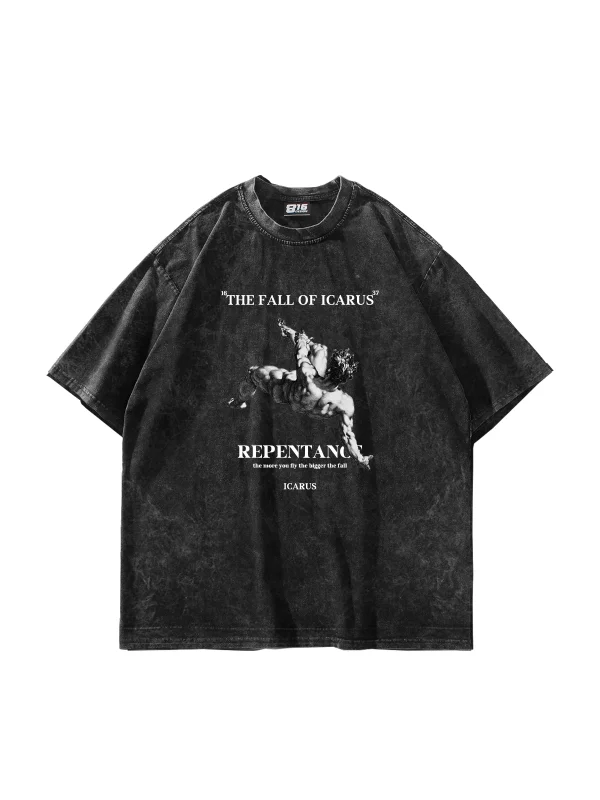Fall Of Icarus Baskılı Oversize Unisex Yıkamalı Siyah Tshirt