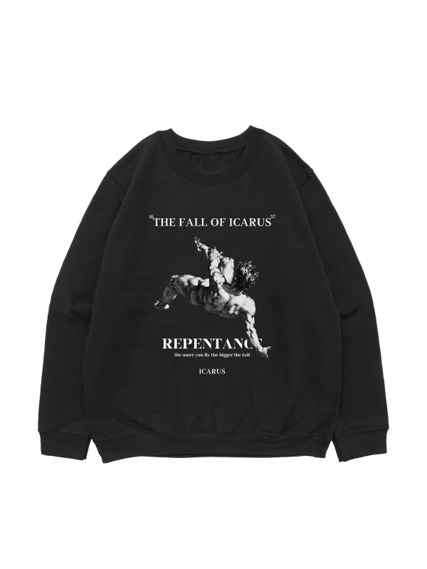 Fall Of Icarus Baskılı Siyah Oversize Unisex Sweatshirt