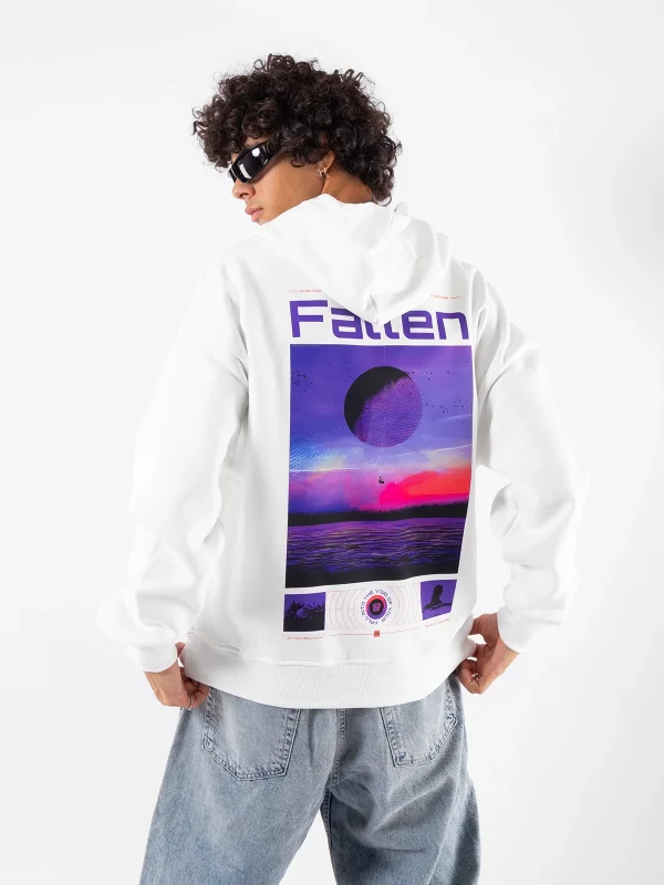 Fallen Baskılı Oversize Unisex Beyaz Hoodie