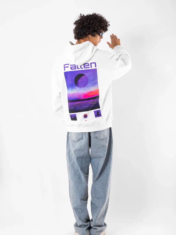 Fallen Baskılı Oversize Unisex Beyaz Hoodie