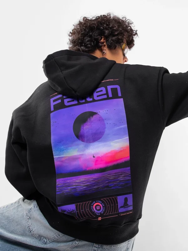 Fallen Baskılı Oversize Unisex Siyah Hoodie