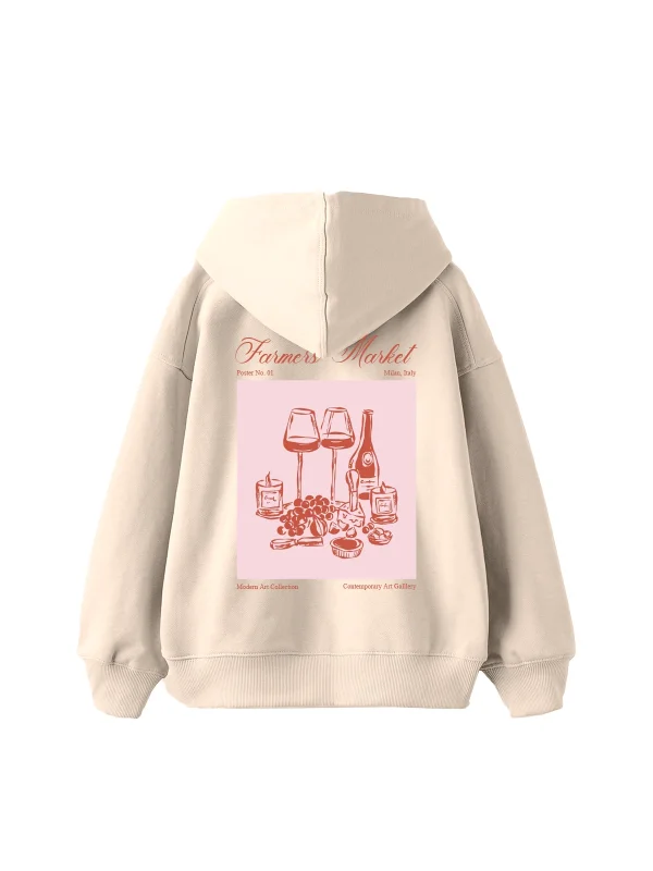 Farmers Market Baskılı Oversize Unisex Bej Hoodie