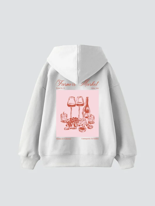 Farmers Market Baskılı Oversize Unisex Beyaz Hoodie