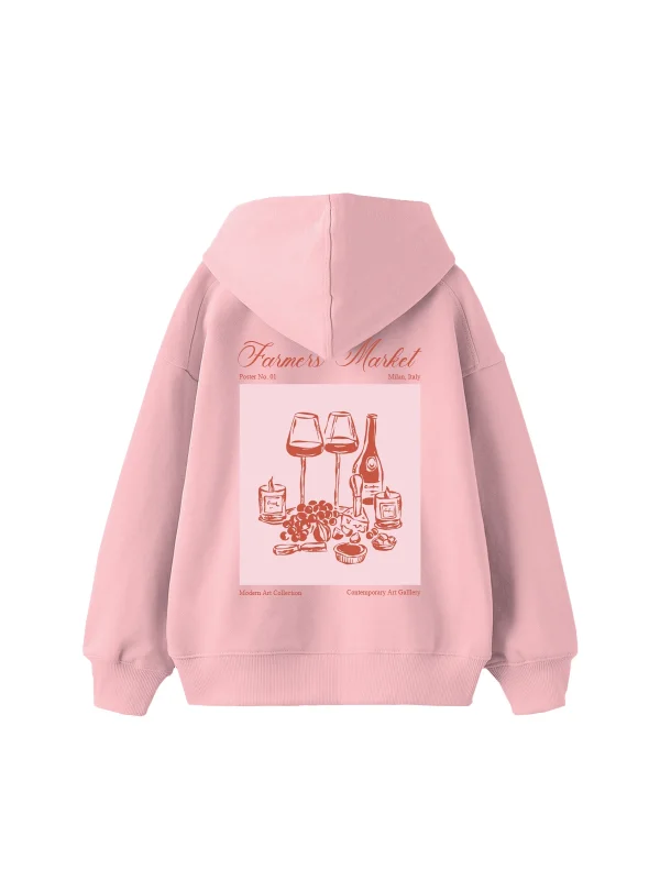 Farmers Market Baskılı Oversize Unisex Pembe Hoodie