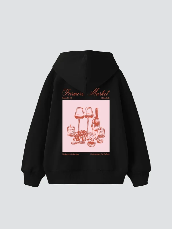 Farmers Market Baskılı Oversize Unisex Siyah Hoodie