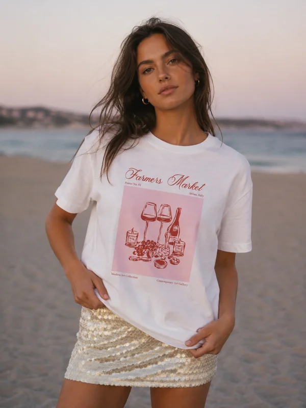 Farmers Market Baskılı Relaxed Fit Beyaz Kadın Tshirt
