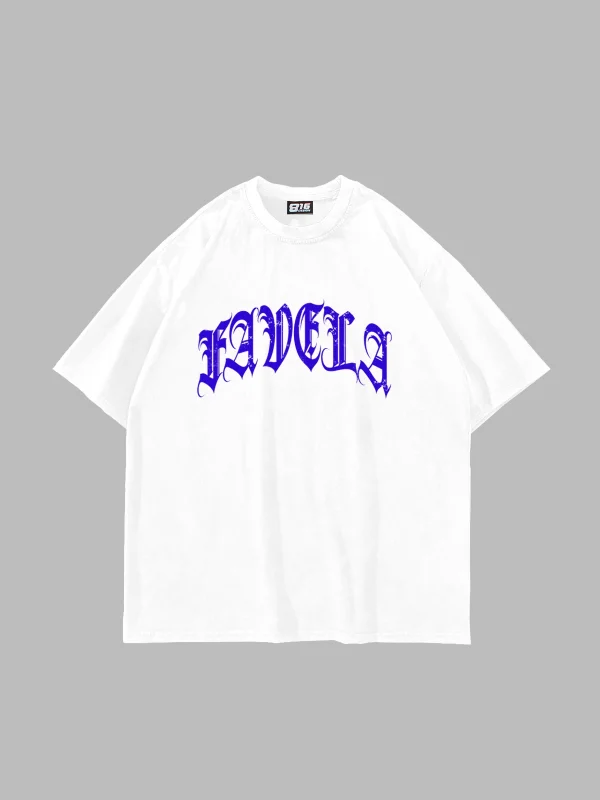 Favela Mavi Taş Baskılı Oversize Unisex Beyaz Tshirt