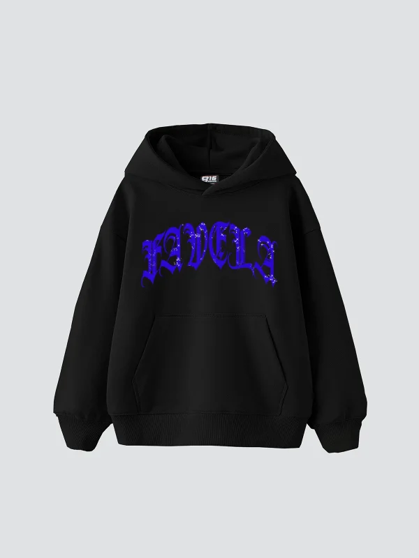 Favela Mavi Taş Baskılı Oversize Unisex Siyah Hoodie