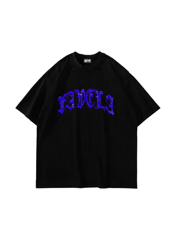 Favela Mavi Taş Baskılı Oversize Unisex Siyah Tshirt