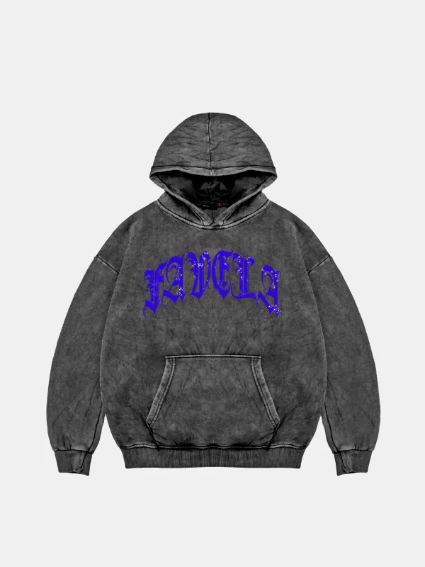 Favela Mavi Taş Baskılı Oversize Unisex Yıkamalı Siyah Hoodie