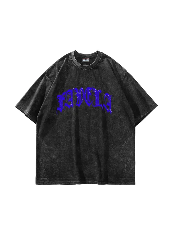 Favela Mavi Taş Baskılı Oversize Unisex Yıkamalı Siyah Tshirt