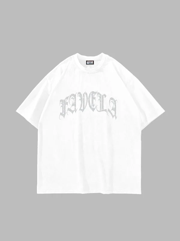 Favela Taş Baskılı Oversize Unisex Beyaz Tshirt