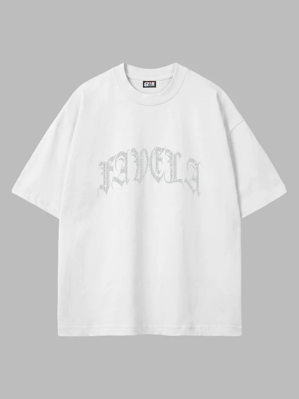 Favela Taş Baskılı Oversize Unisex Beyaz Tshirt
