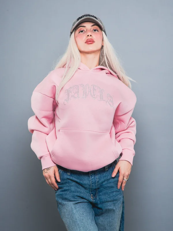 Favela Taş Baskılı Oversize Unisex Pembe Hoodie