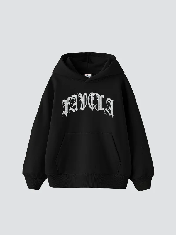 Favela Taş Baskılı Oversize Unisex Siyah Hoodie