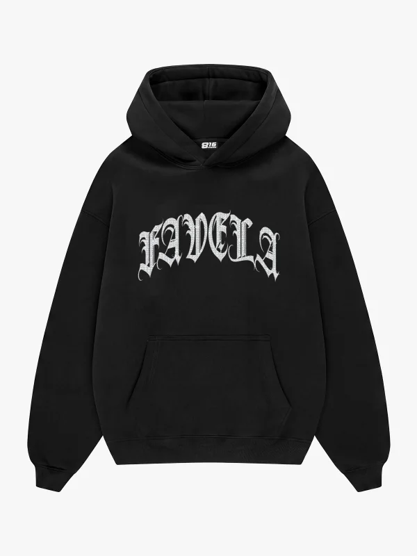 Favela Taş Baskılı Oversize Unisex Siyah Hoodie