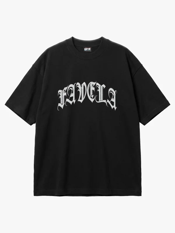 Favela Taş Baskılı Oversize Unisex Siyah Tshirt
