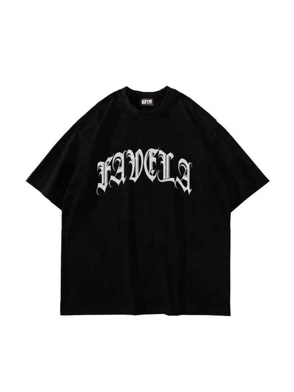Favela Taş Baskılı Oversize Unisex Siyah Tshirt